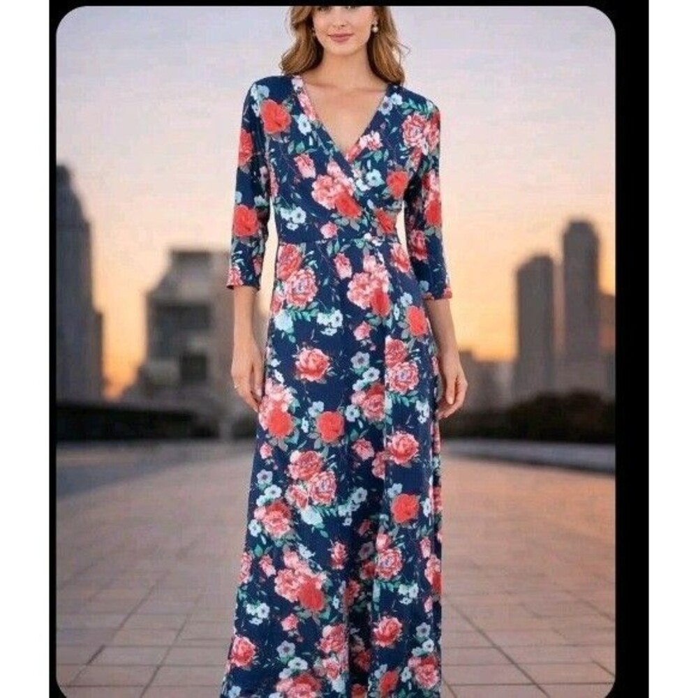Lara Fashion Maxi Dress Size L Belted Multicolor Flora 3/4 Sleeve